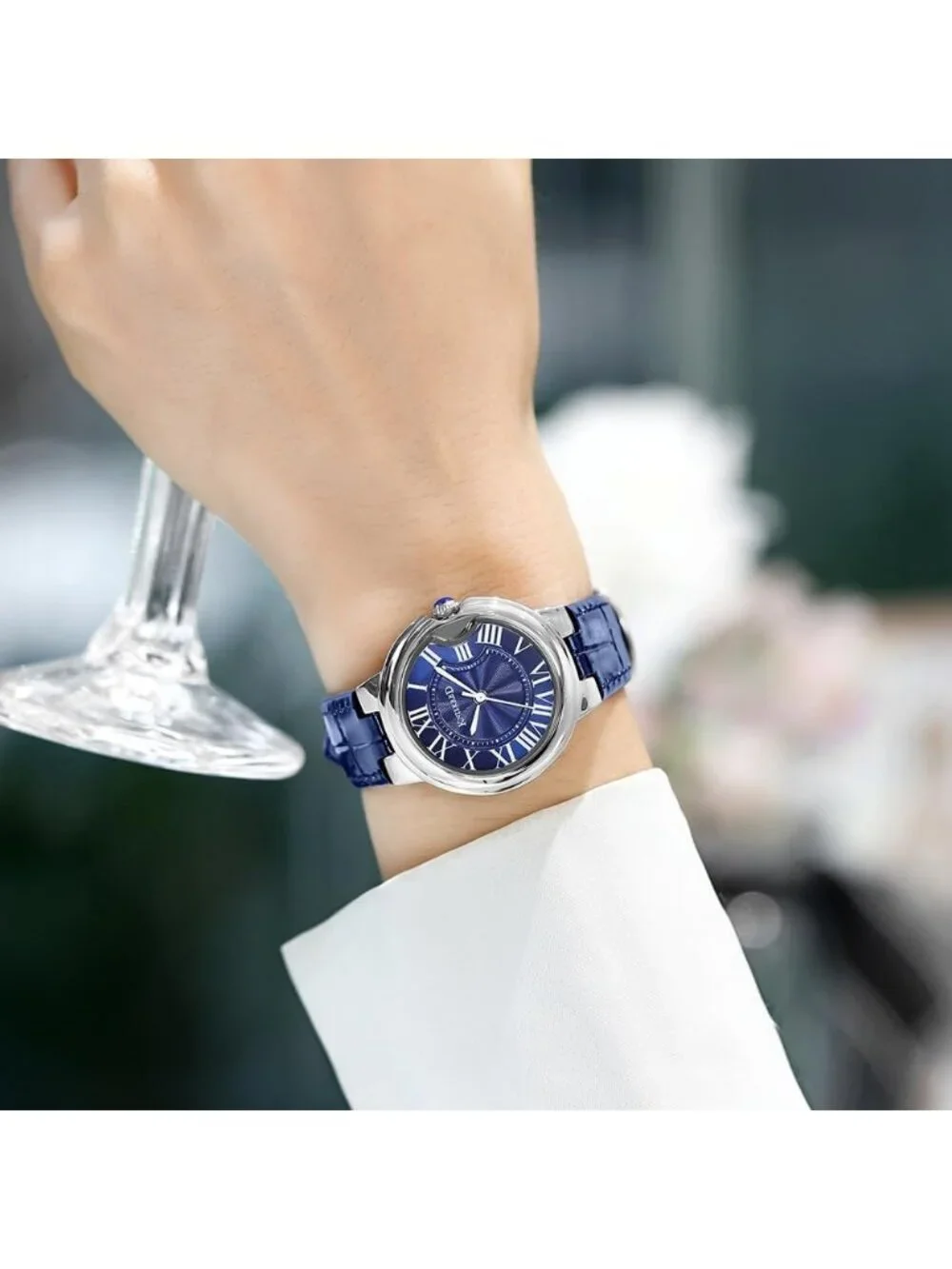 Women's Blue Silver Roman Numerals Solid Vintage Leather Strap Wrist Watches